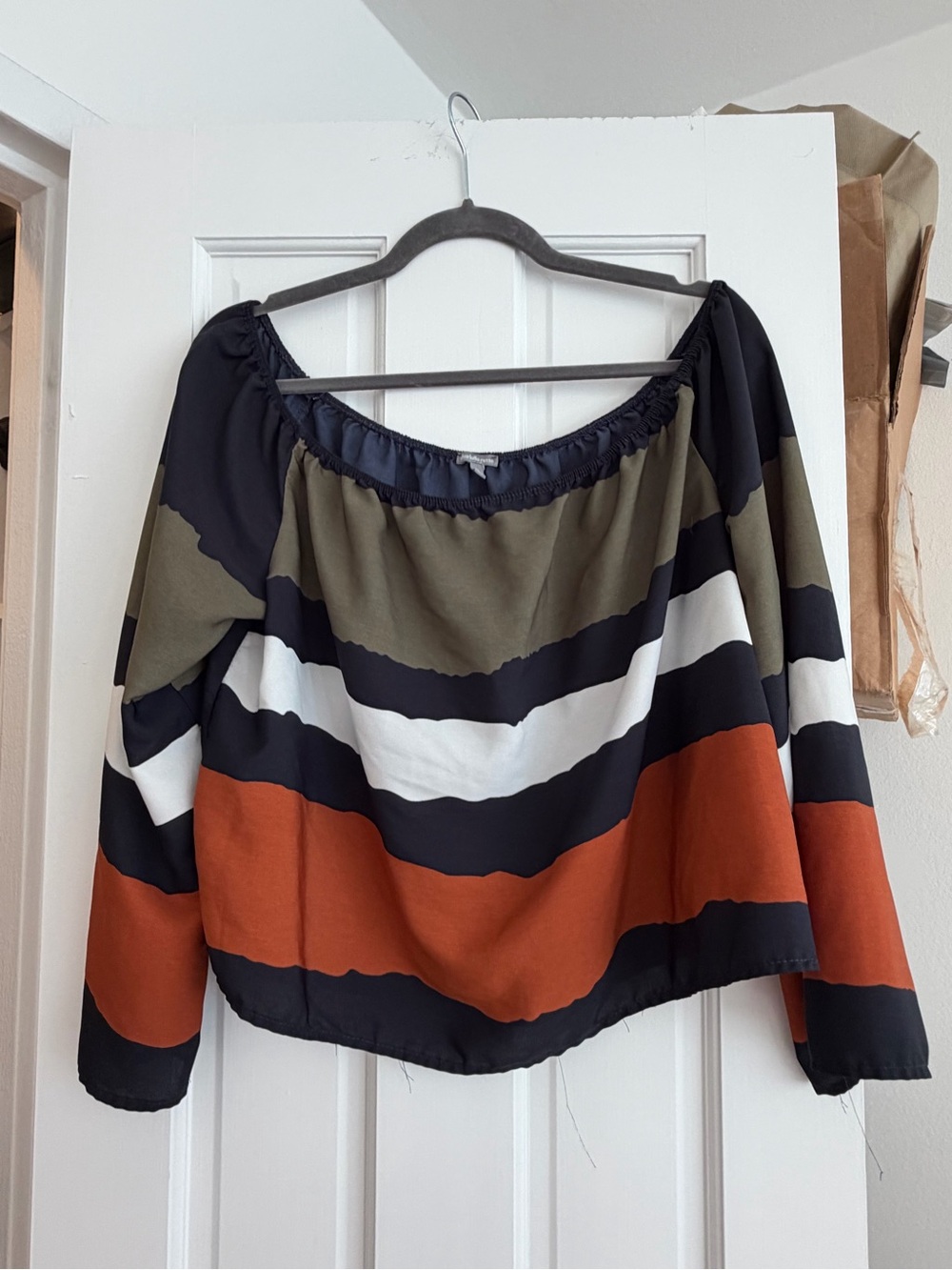 Charlotte Russe Striped Off-Shoulder Blouse - Dark Blue, Olive, White & Rust
